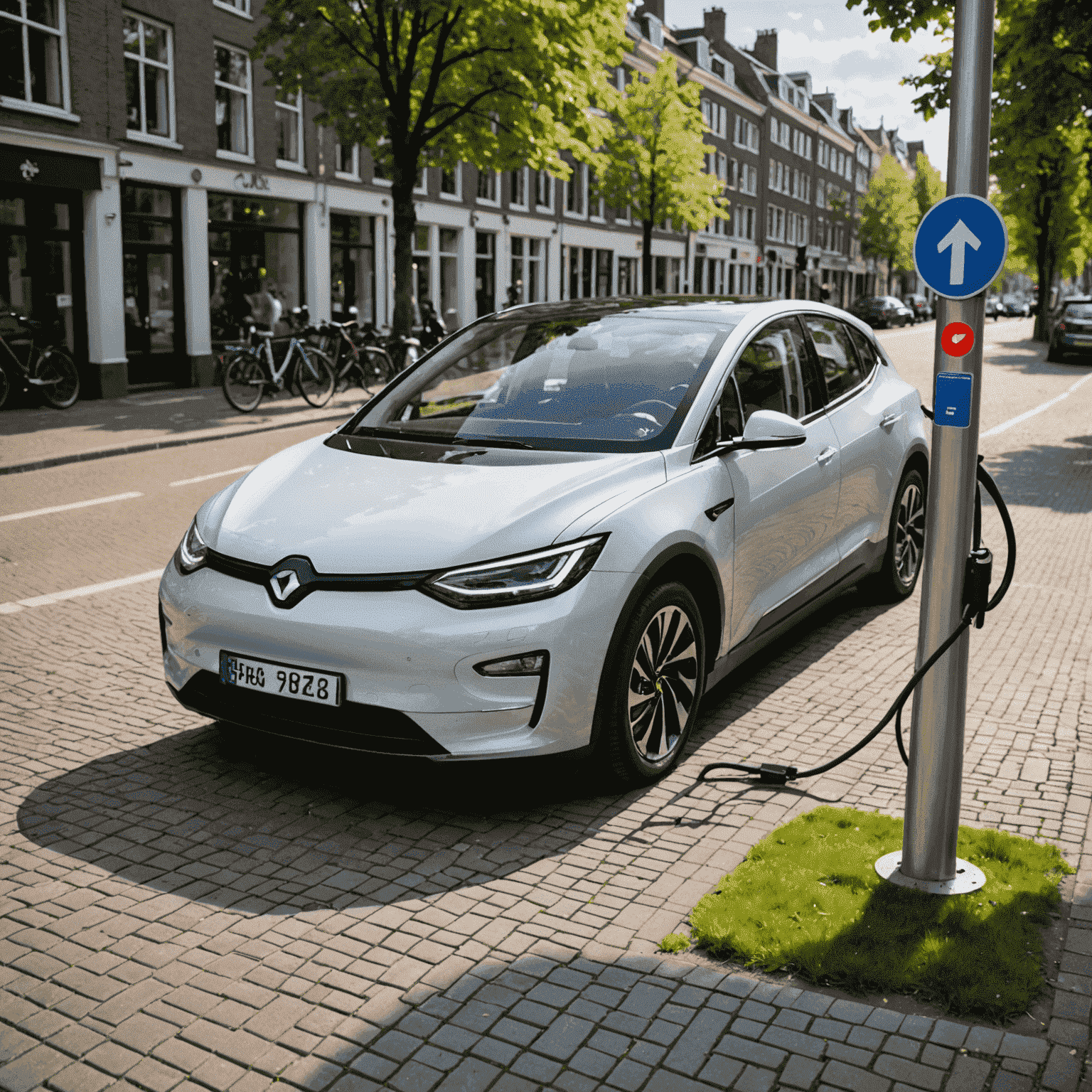 Een elektrische auto wordt opgeladen bij een laadstation in een typisch Nederlands straatbeeld met fietspaden en grachten