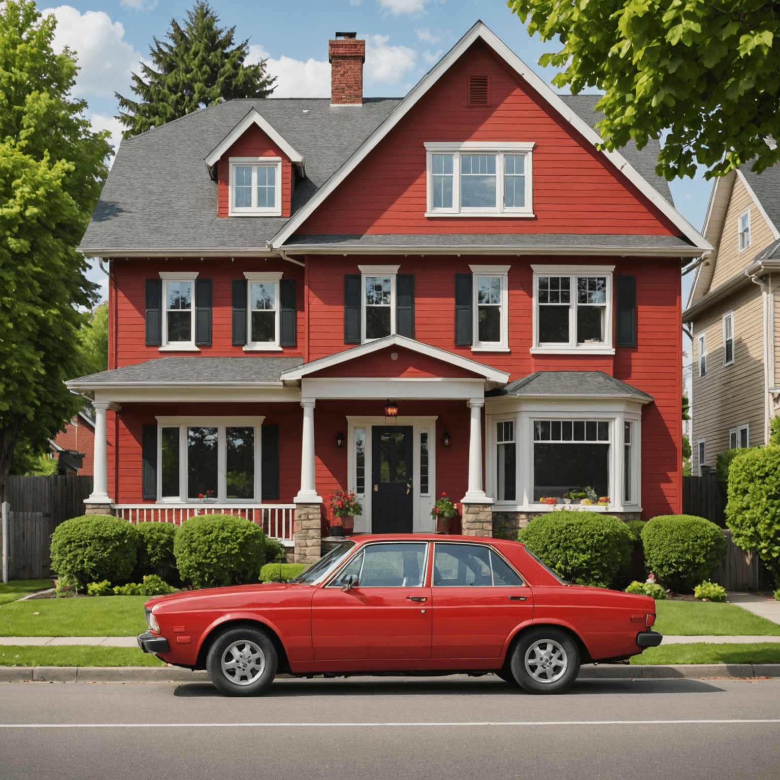 Een rode auto geparkeerd voor een huis, symboliserend de personalisering van autoverzekering voor individuele situaties