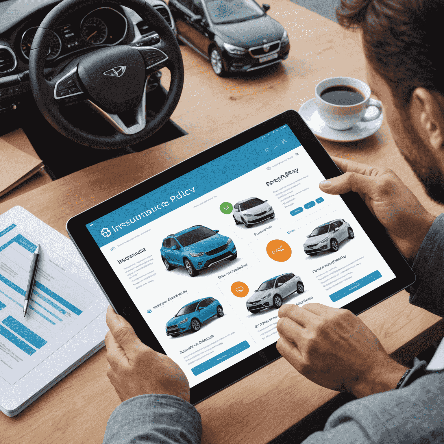 Een persoon die op een tablet kijkt naar een gepersonaliseerde verzekeringspolis, met verschillende auto-iconen op het scherm