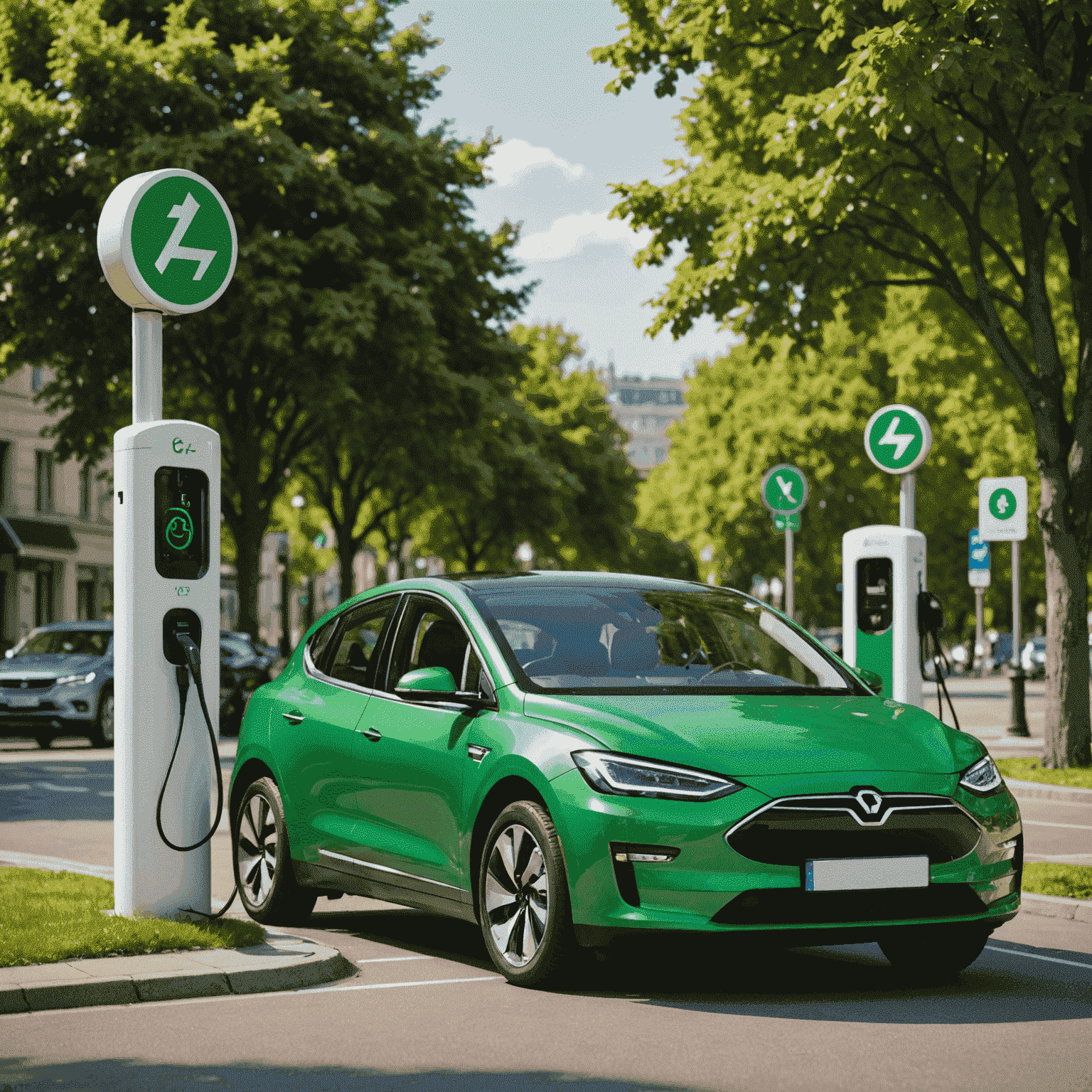 Een elektrische auto die wordt opgeladen met een groen verzekeringssymbool erop